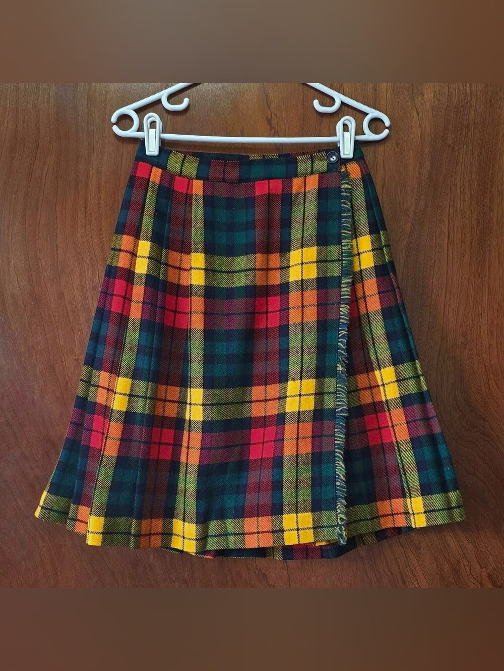 1950s Vintage Pleated Skirt 50s Rainbow Wool Fringe Plaid Colorful XS Small MCM